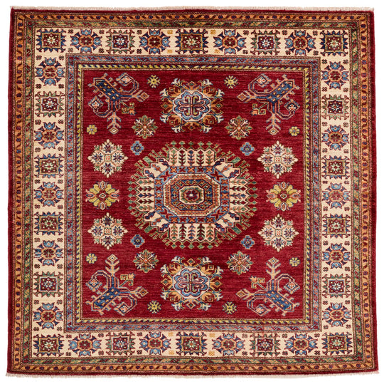 5x5 Red and Ivory Kazak Tribal Rug
