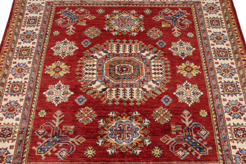 5x5 Red and Ivory Kazak Tribal Rug