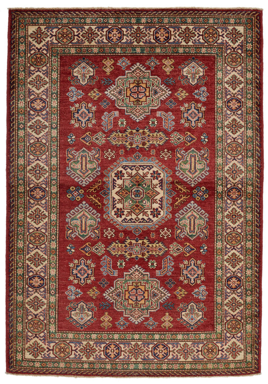 4x6 Red and Ivory Kazak Tribal Rug