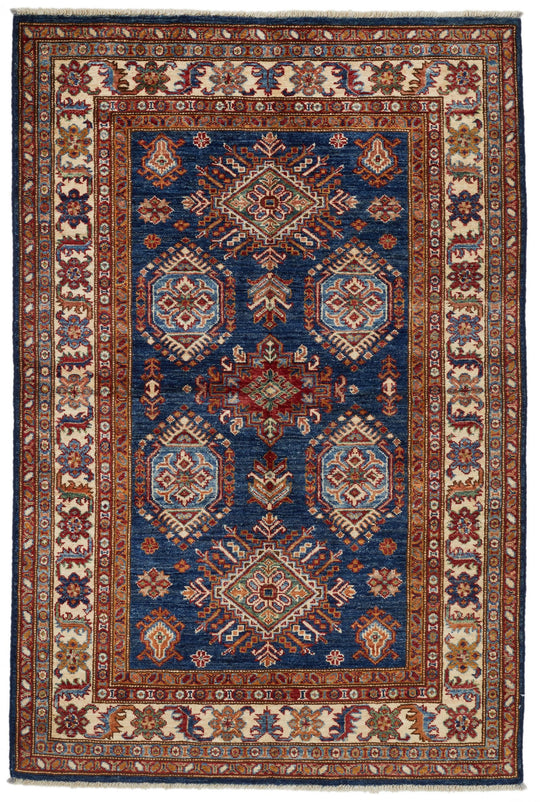 4x6 Navy and Ivory Kazak Tribal Rug
