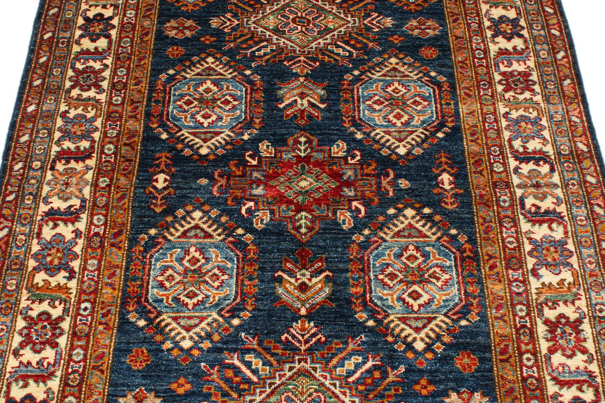 4x6 Navy and Ivory Kazak Tribal Rug