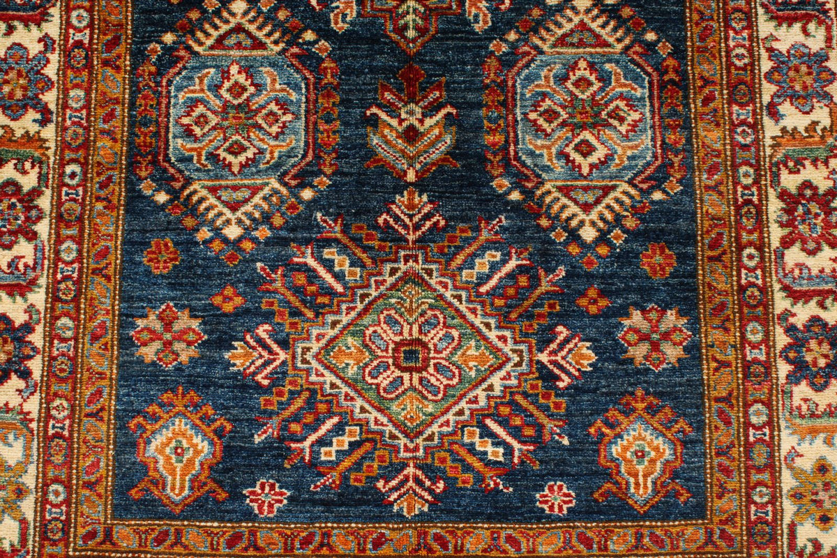 4x6 Navy and Ivory Kazak Tribal Rug