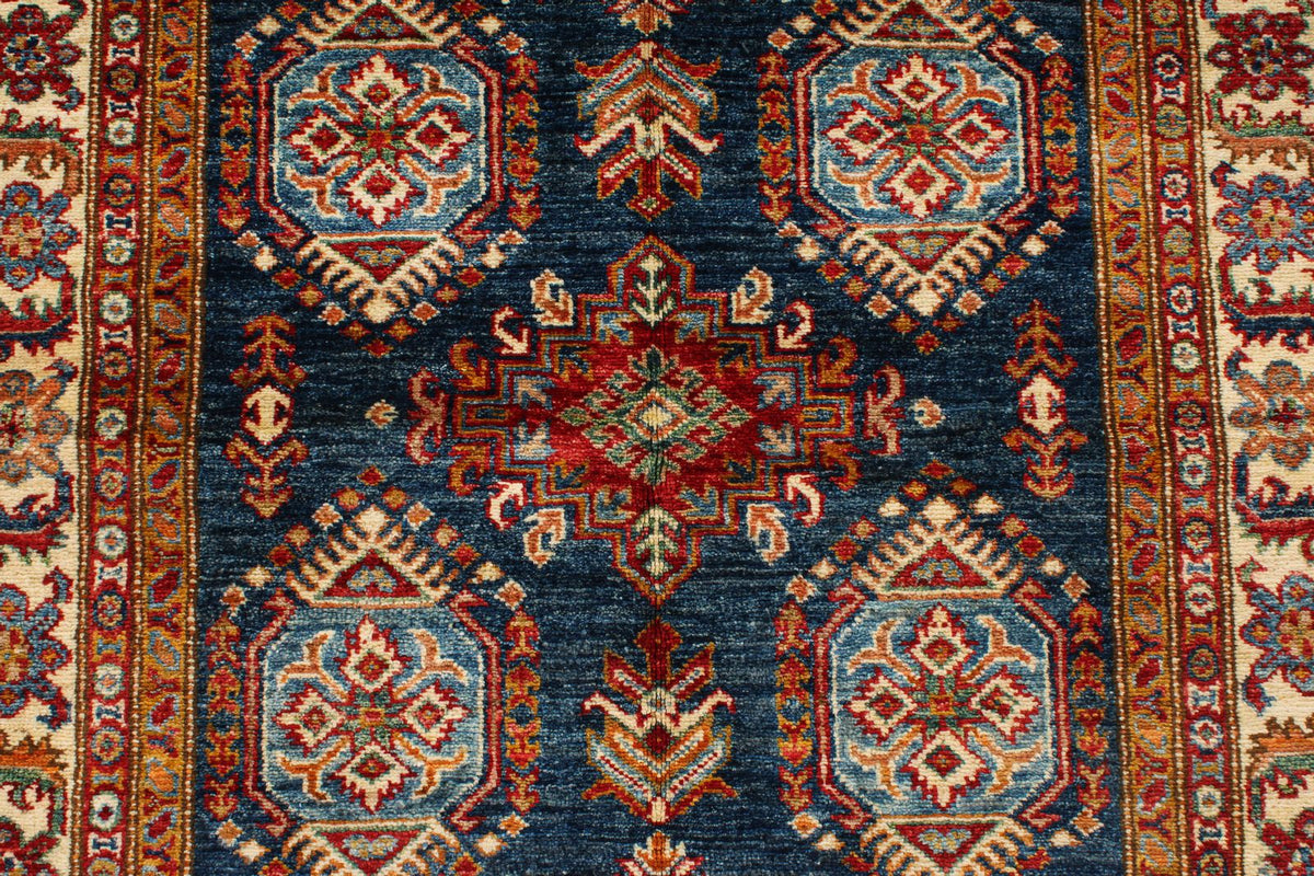 4x6 Navy and Ivory Kazak Tribal Rug