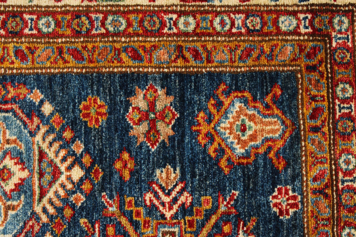 4x6 Navy and Ivory Kazak Tribal Rug