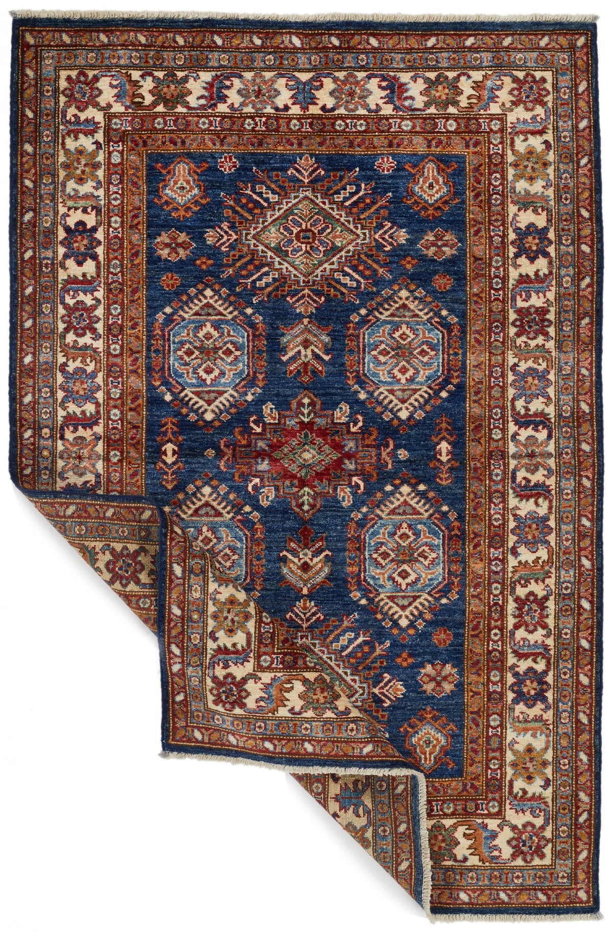 4x6 Navy and Ivory Kazak Tribal Rug