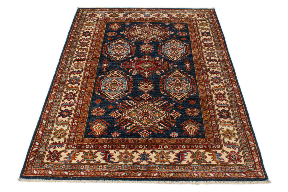 4x6 Navy and Ivory Kazak Tribal Rug