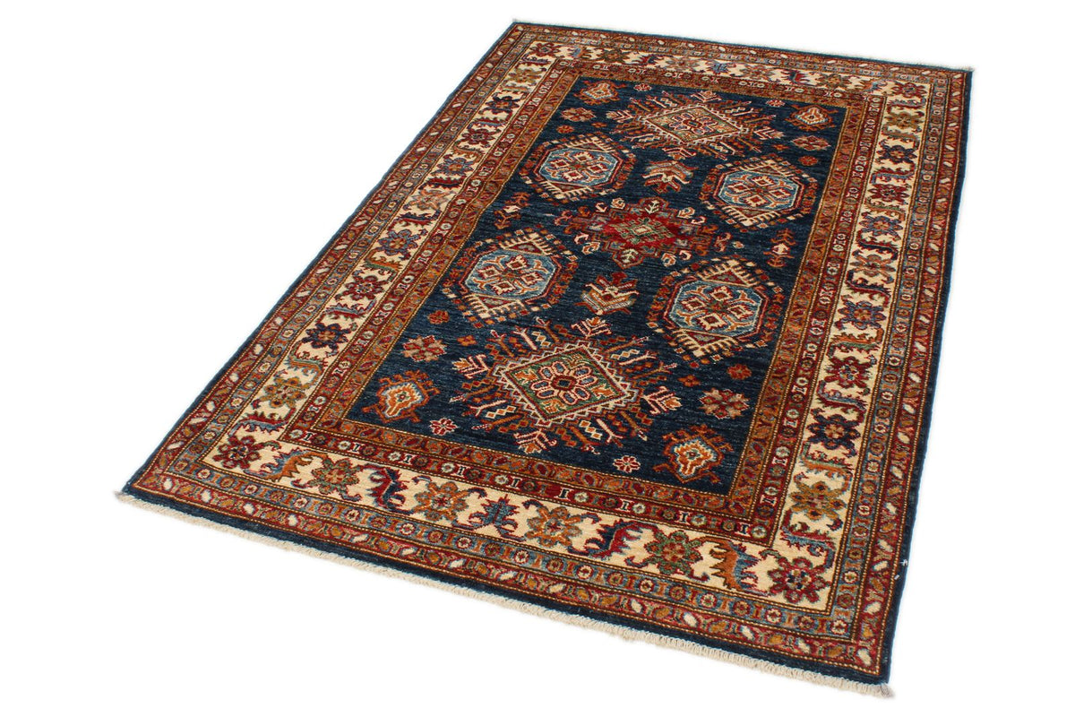 4x6 Navy and Ivory Kazak Tribal Rug