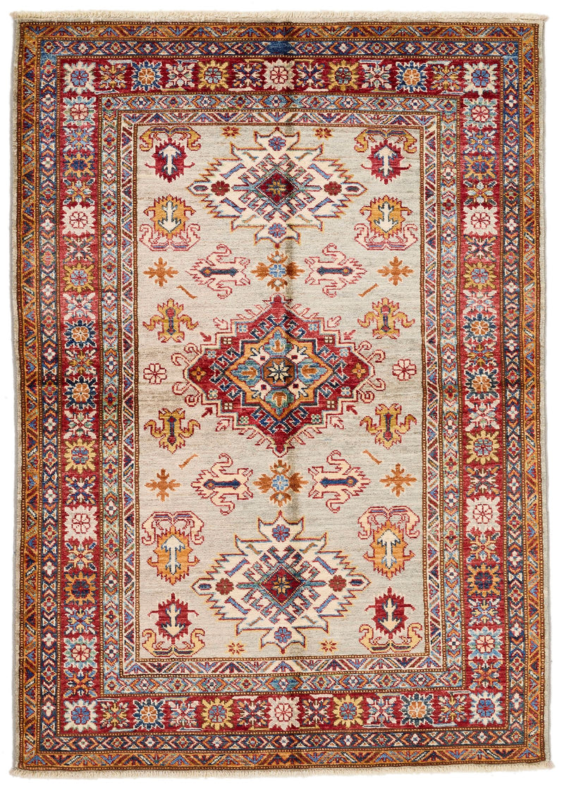 4x5 Light Gray and Red Kazak Tribal Rug