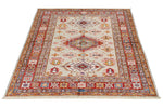 4x5 Light Gray and Red Kazak Tribal Rug