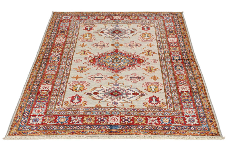 4x5 Light Gray and Red Kazak Tribal Rug