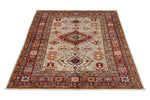 4x5 Light Gray and Red Kazak Tribal Rug