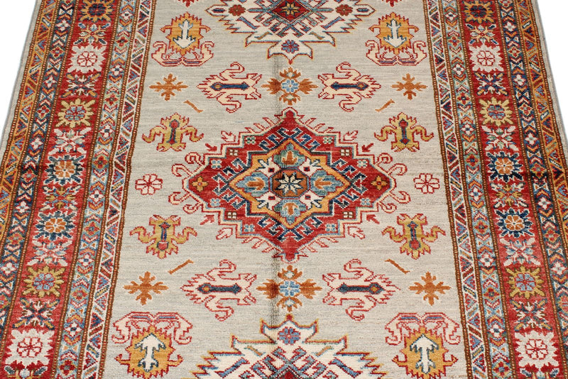 4x5 Light Gray and Red Kazak Tribal Rug