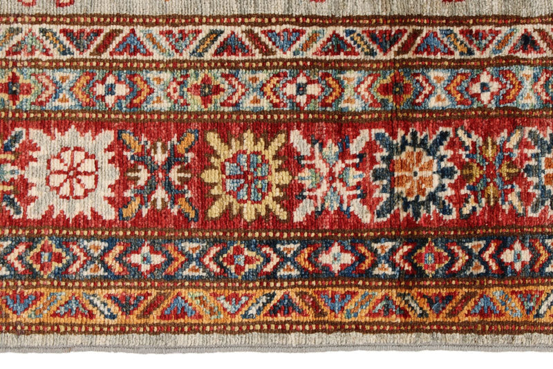 4x5 Light Gray and Red Kazak Tribal Rug