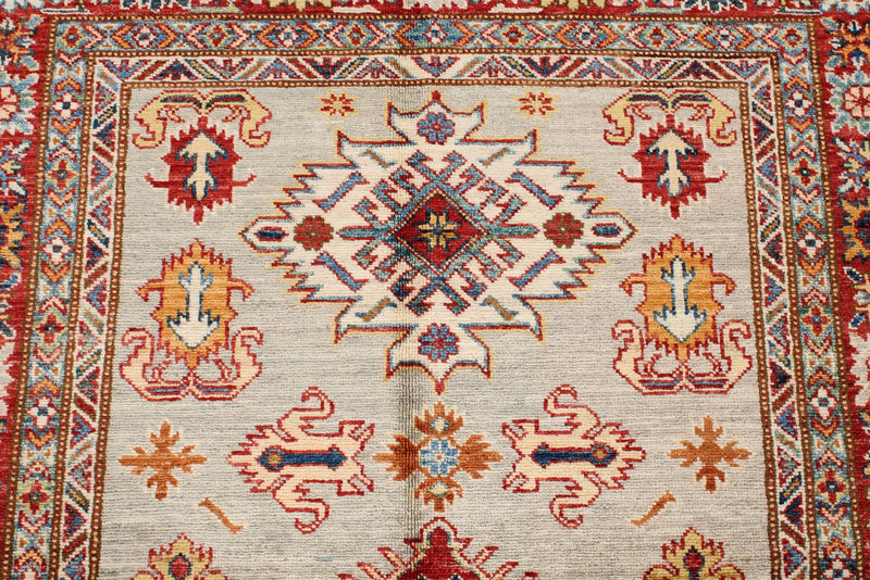 4x5 Light Gray and Red Kazak Tribal Rug