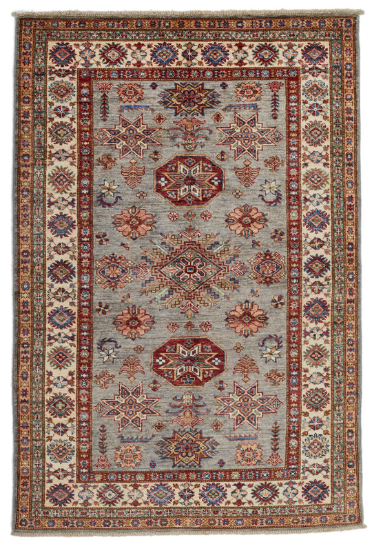 4x6 Gray and Ivory Kazak Tribal Rug