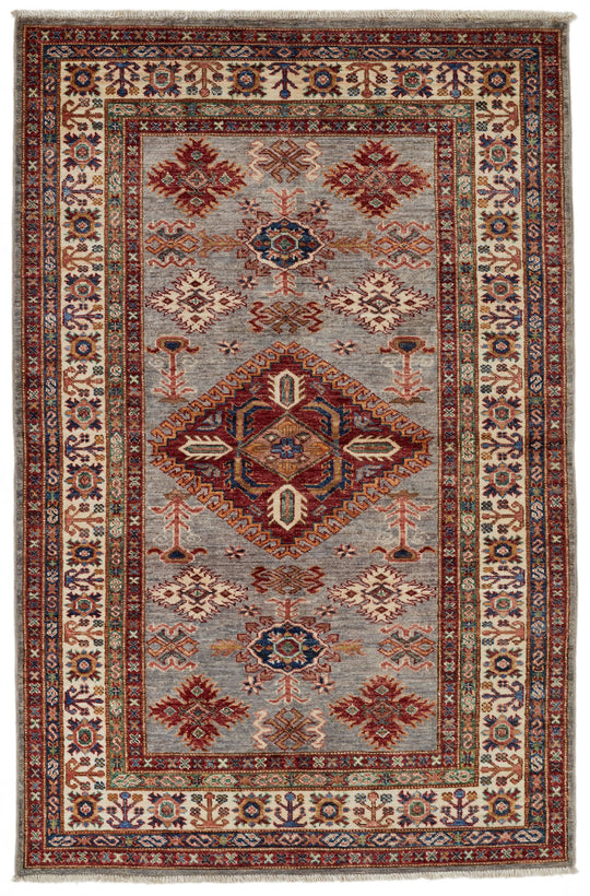 4x6 Gray and Ivory Kazak Tribal Rug