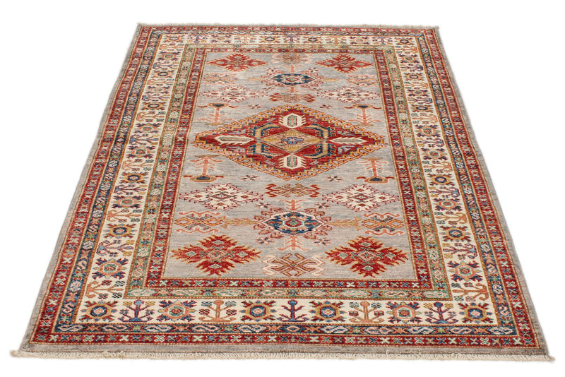 4x6 Gray and Ivory Kazak Tribal Rug