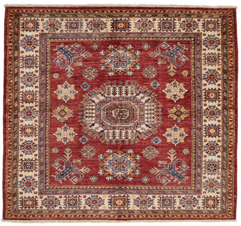 4x5 Red and Ivory Kazak Tribal Rug