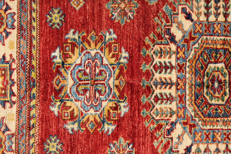 4x5 Red and Ivory Kazak Tribal Rug