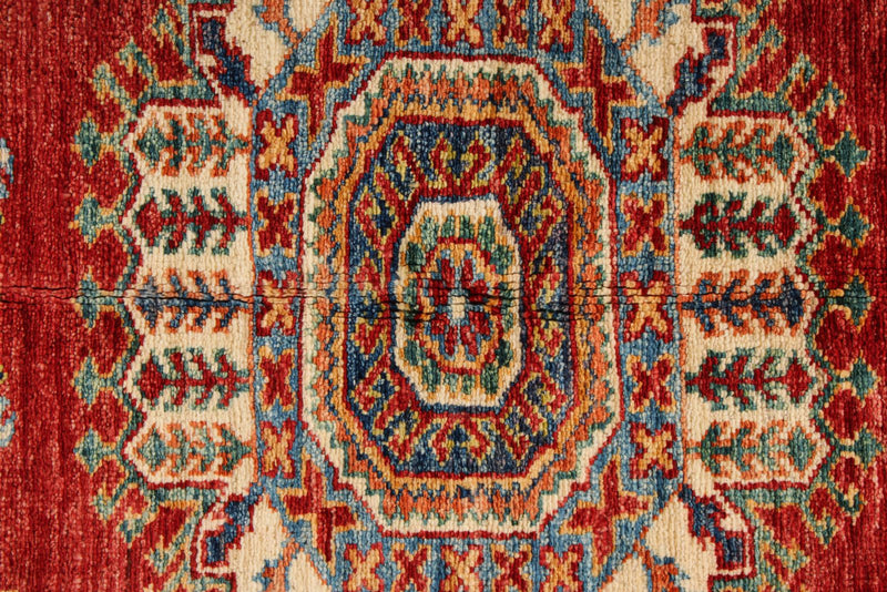 4x5 Red and Ivory Kazak Tribal Rug