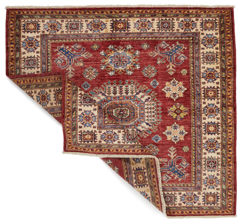 4x5 Red and Ivory Kazak Tribal Rug