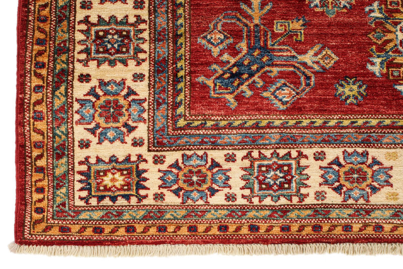 4x5 Red and Ivory Kazak Tribal Rug