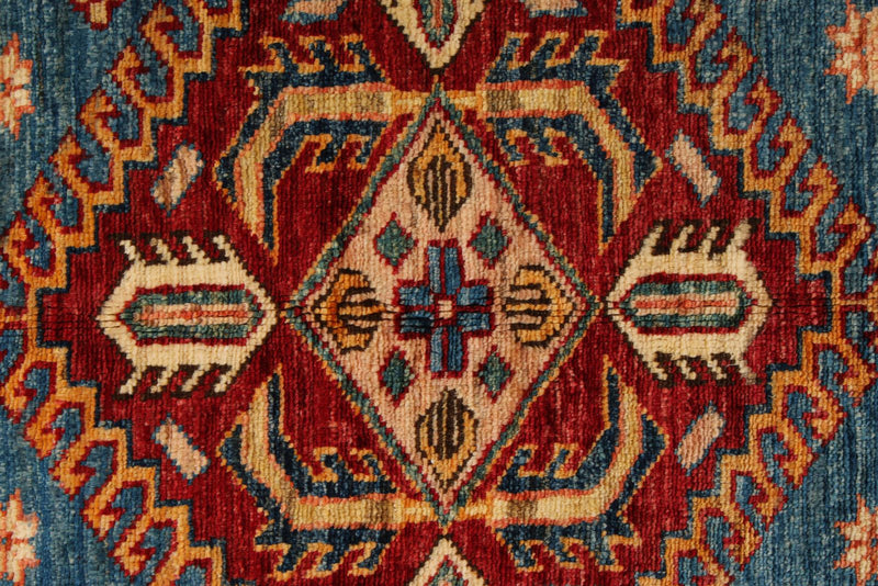 4x6 Blue and Ivory Kazak Tribal Rug