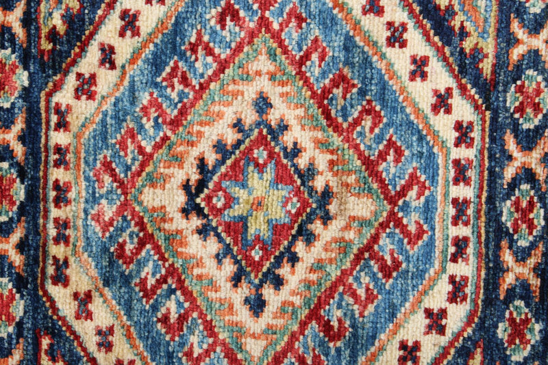 3x5 Navy and Ivory Kazak Tribal Rug