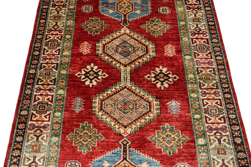 3x5 Red and Ivory Kazak Tribal Rug