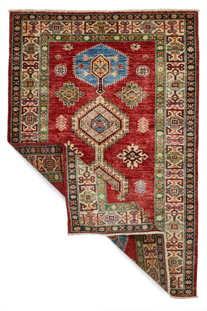 3x5 Red and Ivory Kazak Tribal Rug