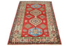 3x5 Red and Ivory Kazak Tribal Rug