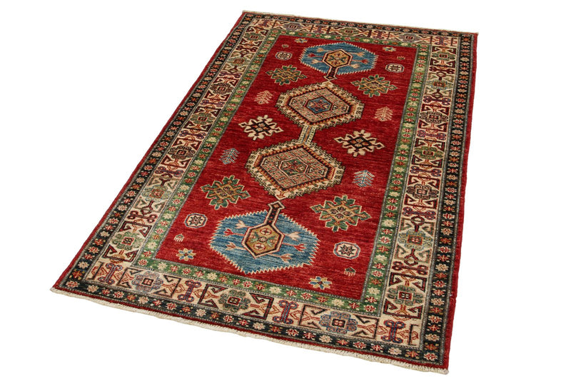 3x5 Red and Ivory Kazak Tribal Rug