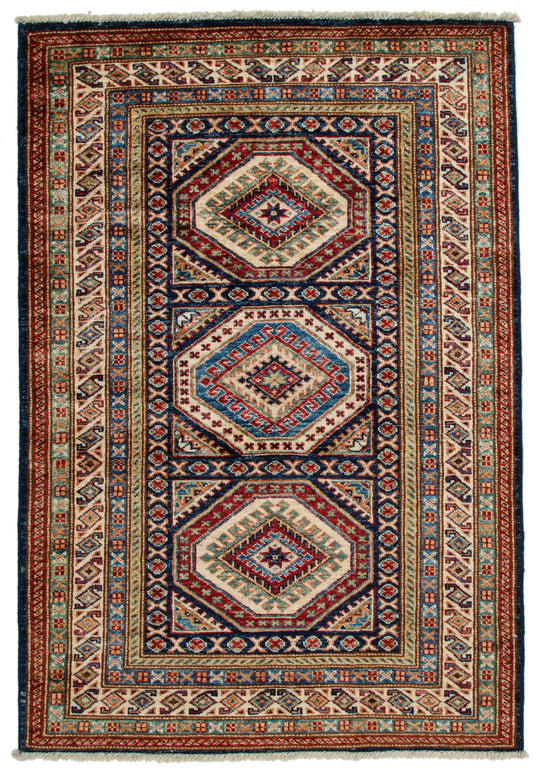 3x5 Navy and Ivory Kazak Tribal Rug