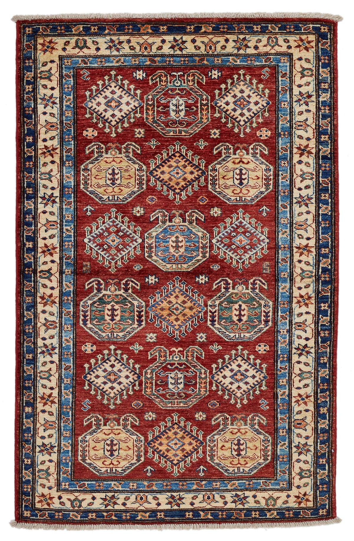3x5 Red and Ivory Kazak Tribal Rug
