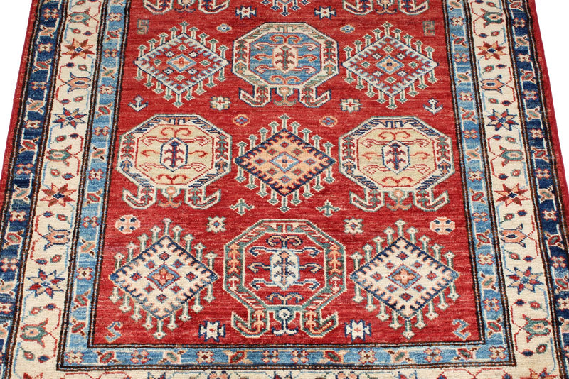 3x5 Red and Ivory Kazak Tribal Rug