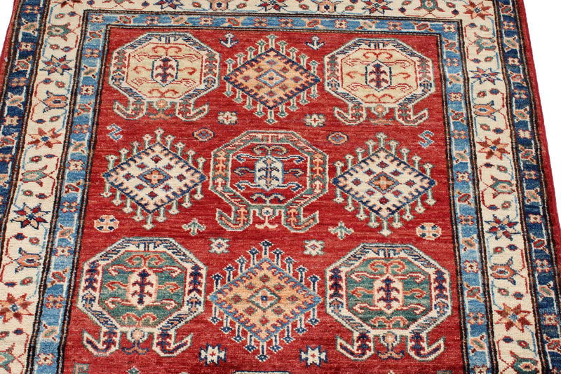 3x5 Red and Ivory Kazak Tribal Rug