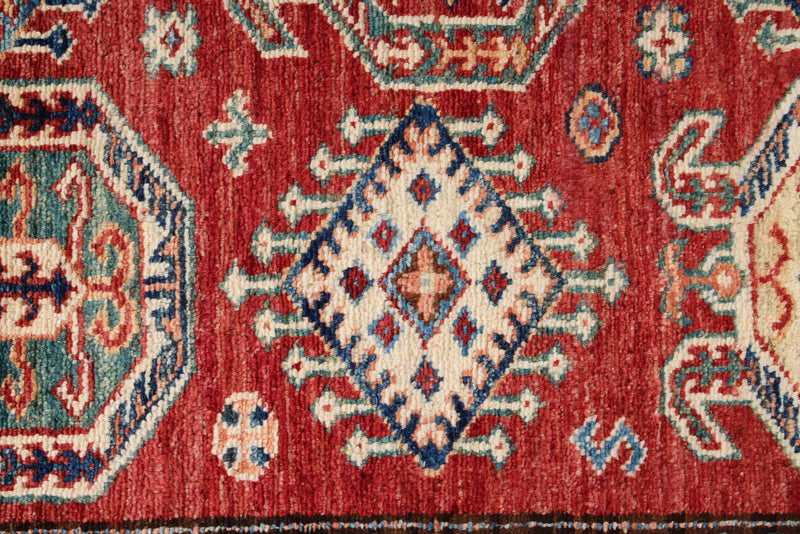 3x5 Red and Ivory Kazak Tribal Rug