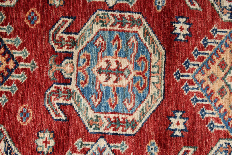 3x5 Red and Ivory Kazak Tribal Rug