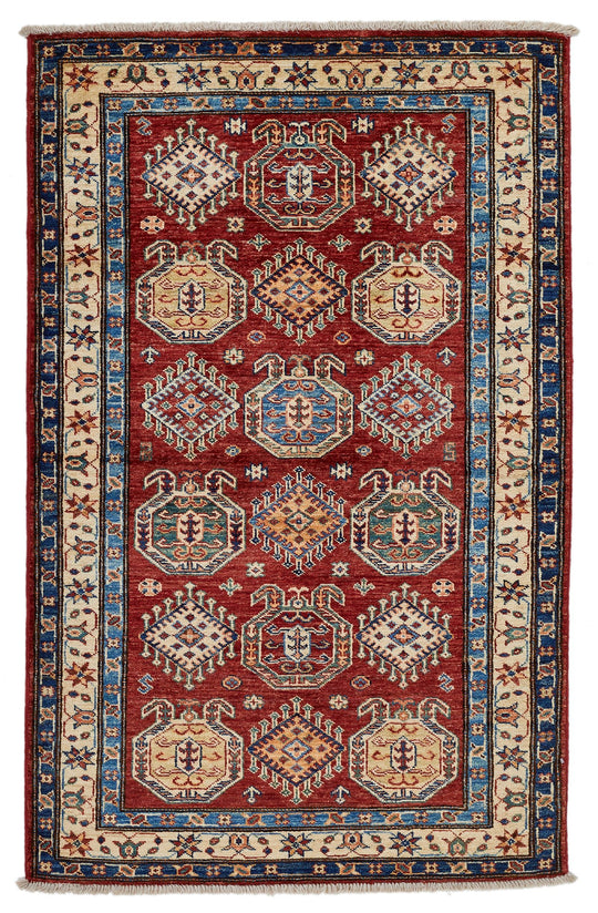 3x5 Red and Ivory Kazak Tribal Rug