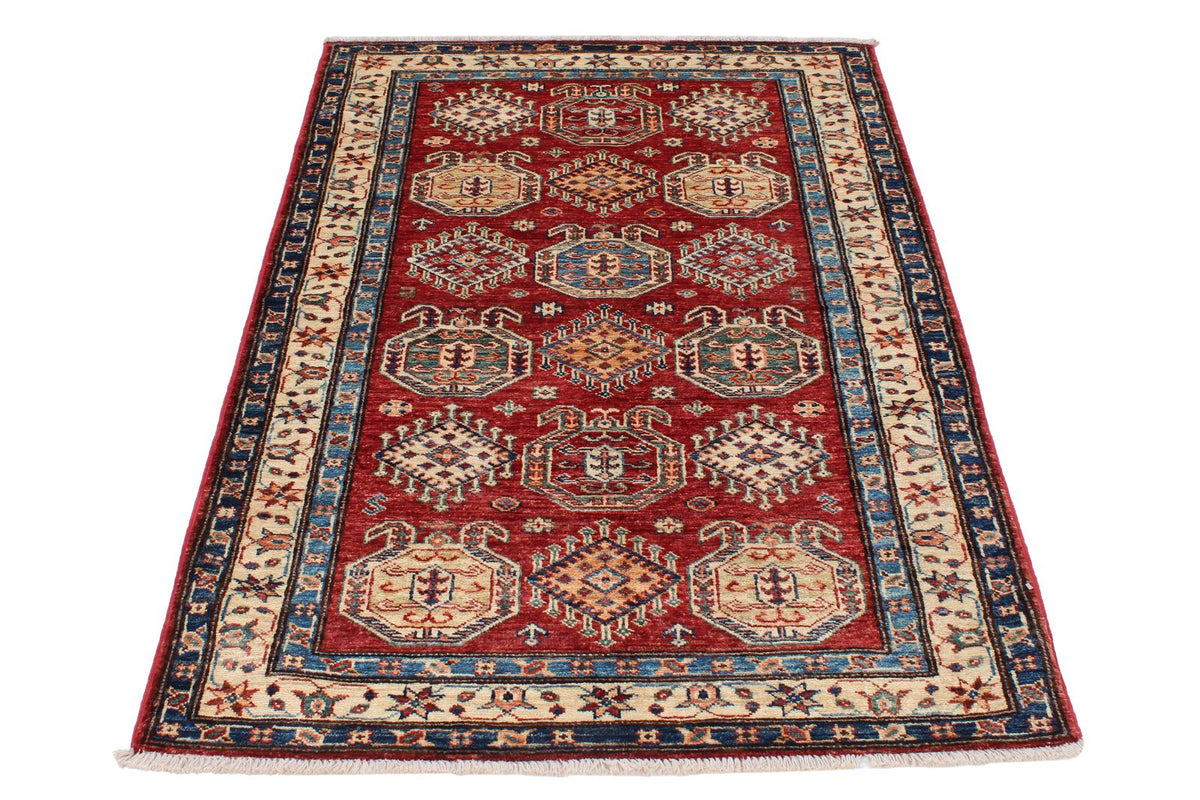 3x5 Red and Ivory Kazak Tribal Rug
