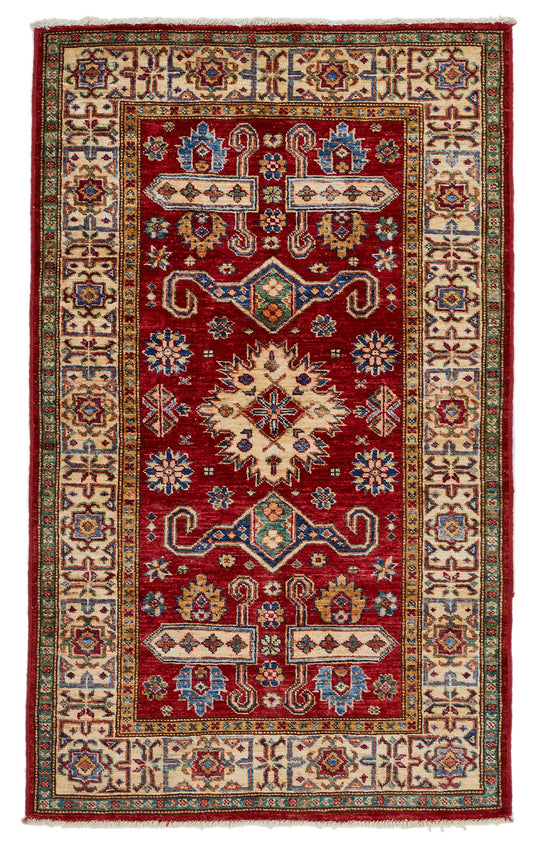 3x5 Red and Ivory Kazak Tribal Rug