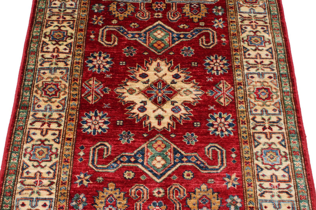 3x5 Red and Ivory Kazak Tribal Rug