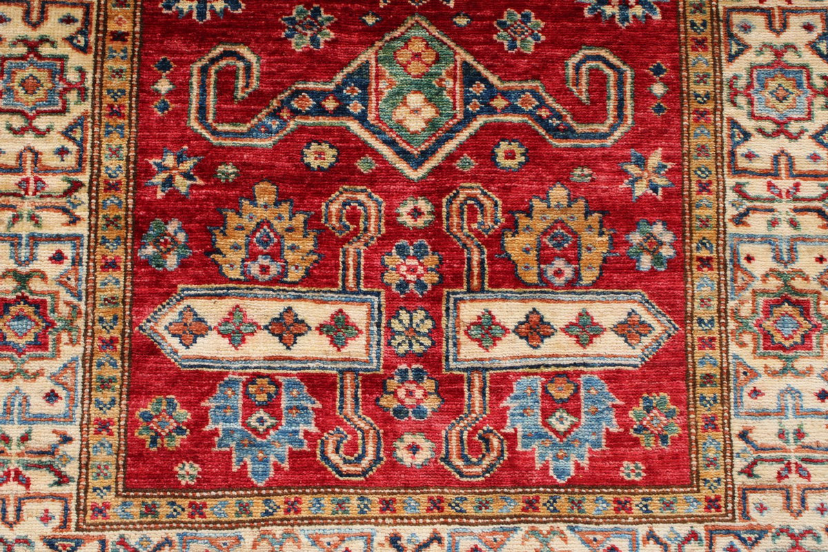 3x5 Red and Ivory Kazak Tribal Rug