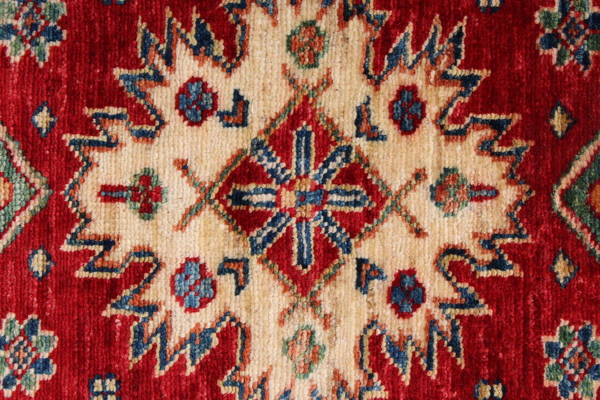 3x5 Red and Ivory Kazak Tribal Rug