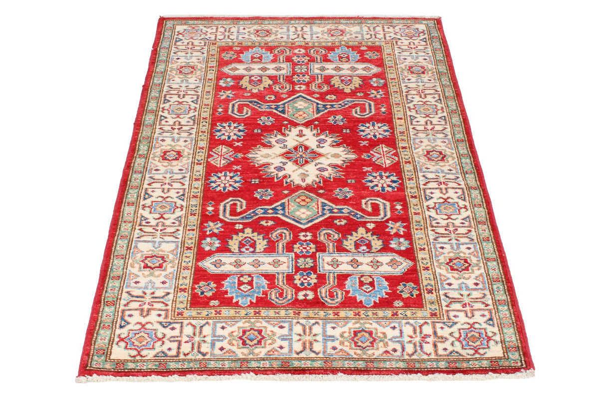 3x5 Red and Ivory Kazak Tribal Rug
