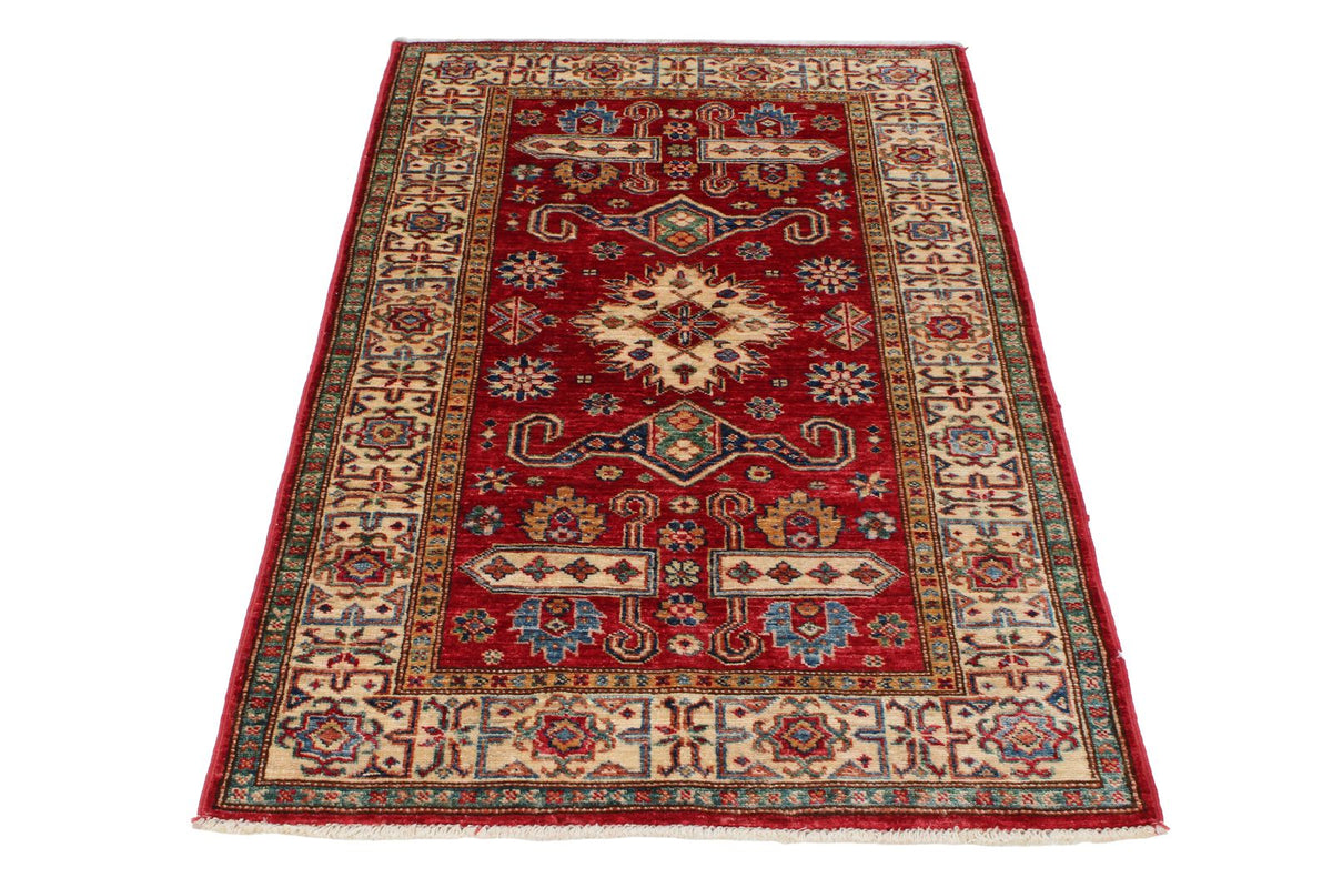 3x5 Red and Ivory Kazak Tribal Rug
