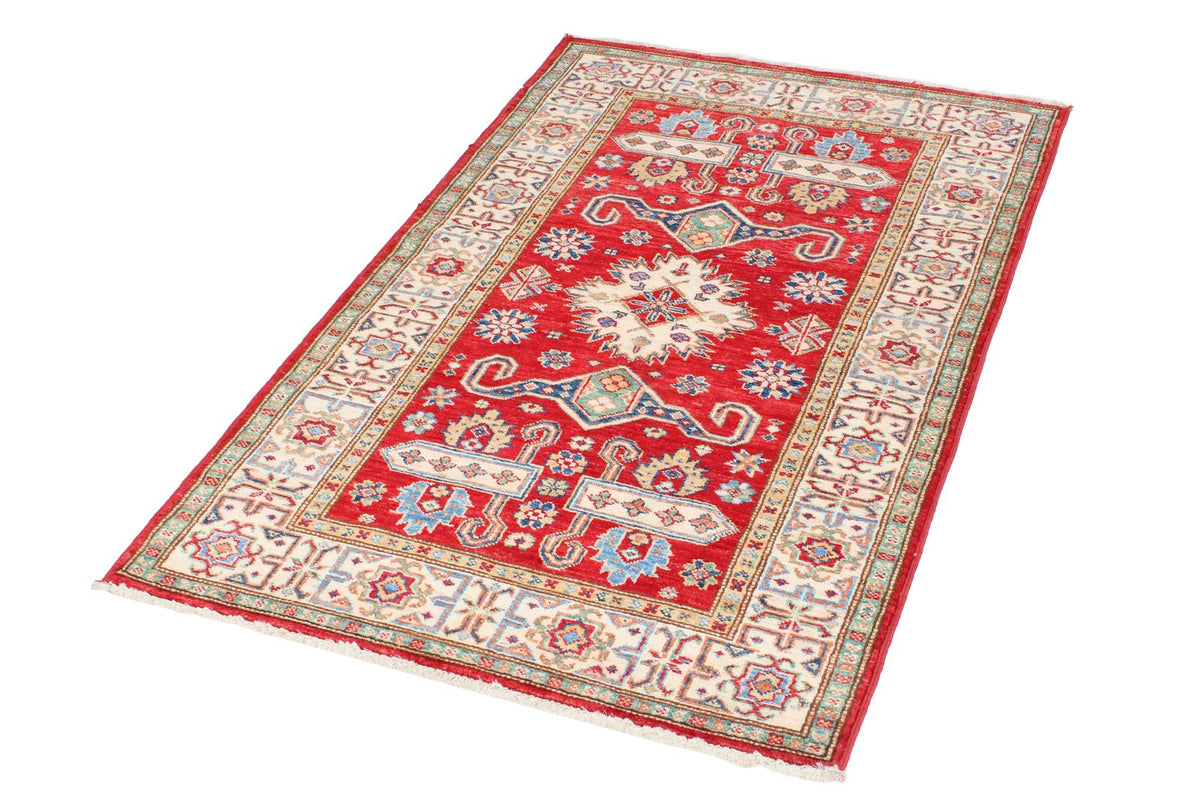 3x5 Red and Ivory Kazak Tribal Rug