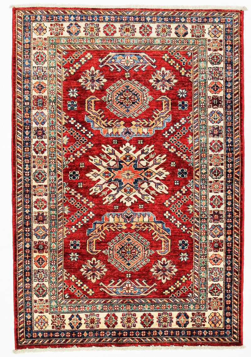 3x5 Red and Ivory Kazak Tribal Rug