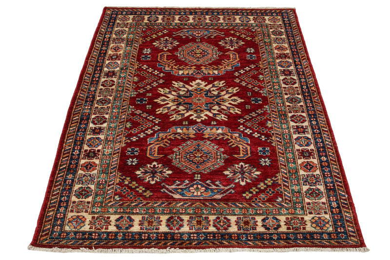 3x5 Red and Ivory Kazak Tribal Rug