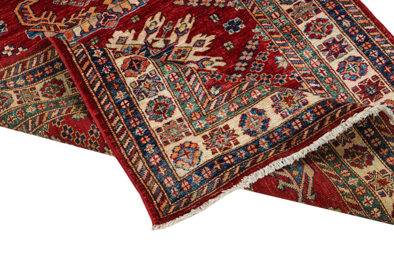 3x5 Red and Ivory Kazak Tribal Rug